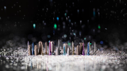 Creative photography of dental titanium implants in snow