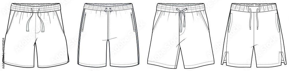Sticker flat sketch set of mens elastic waist drawstring shorts vector illustration. CAD mockup. - Stickers