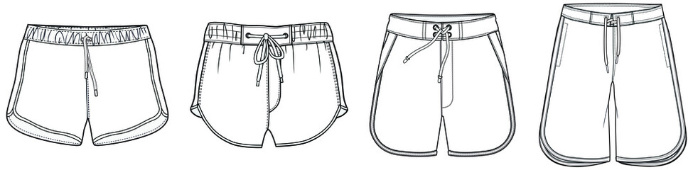Board shorts, surf shorts, swim shorts fashion flat sketch vector illustration templates. CAD mockup.