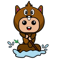 Muurstickers Aap vector cartoon character cute  beaver animal mascot costume character wooden boat