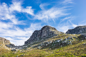 Rugged mountain landscape with fynbos flora in Cape Town