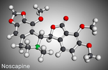Noscapine molecule. It is non-sedating isoquinoline alkaloid used for its antitussive properties. Molecular model. 3D rendering