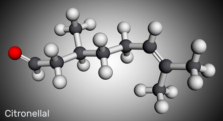 Citronellal, rhodinal molecule. It is monoterpenoid aldehyde, main component that give citronella oil its distinctive lemon scent. Molecular model. 3D rendering