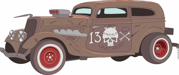 rat rod coupe vector 1930-40s style color and line poster