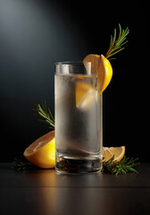 Cold refreshing drink with ice, lemon, and rosemary.