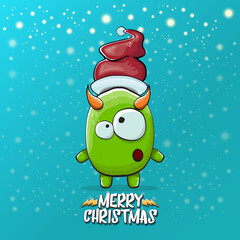 Vector cartoon funky green monster with Santa Claus red hat isolated on turquoise background with snowflakes. Childrens Merry Christmas greeting card with funny monster elf Santa Claus.