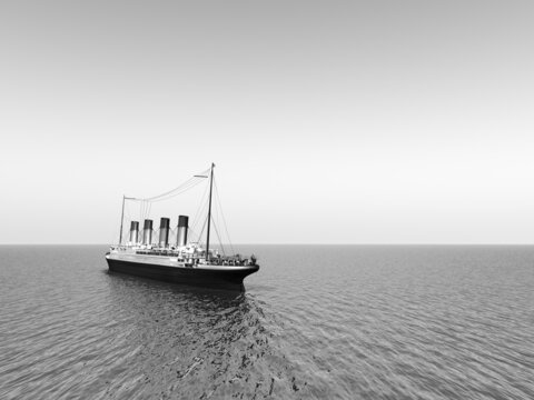Historisches Passagierschiff Titanic auf hoher See in Schwarz Weiß
