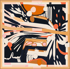 Silk scarf modern design with trendy artistic print. Abstract ethnic style. Fashionable vector template for your design.