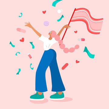 woman celebrating herself holding a chronic pain surrounded by confetti and pills