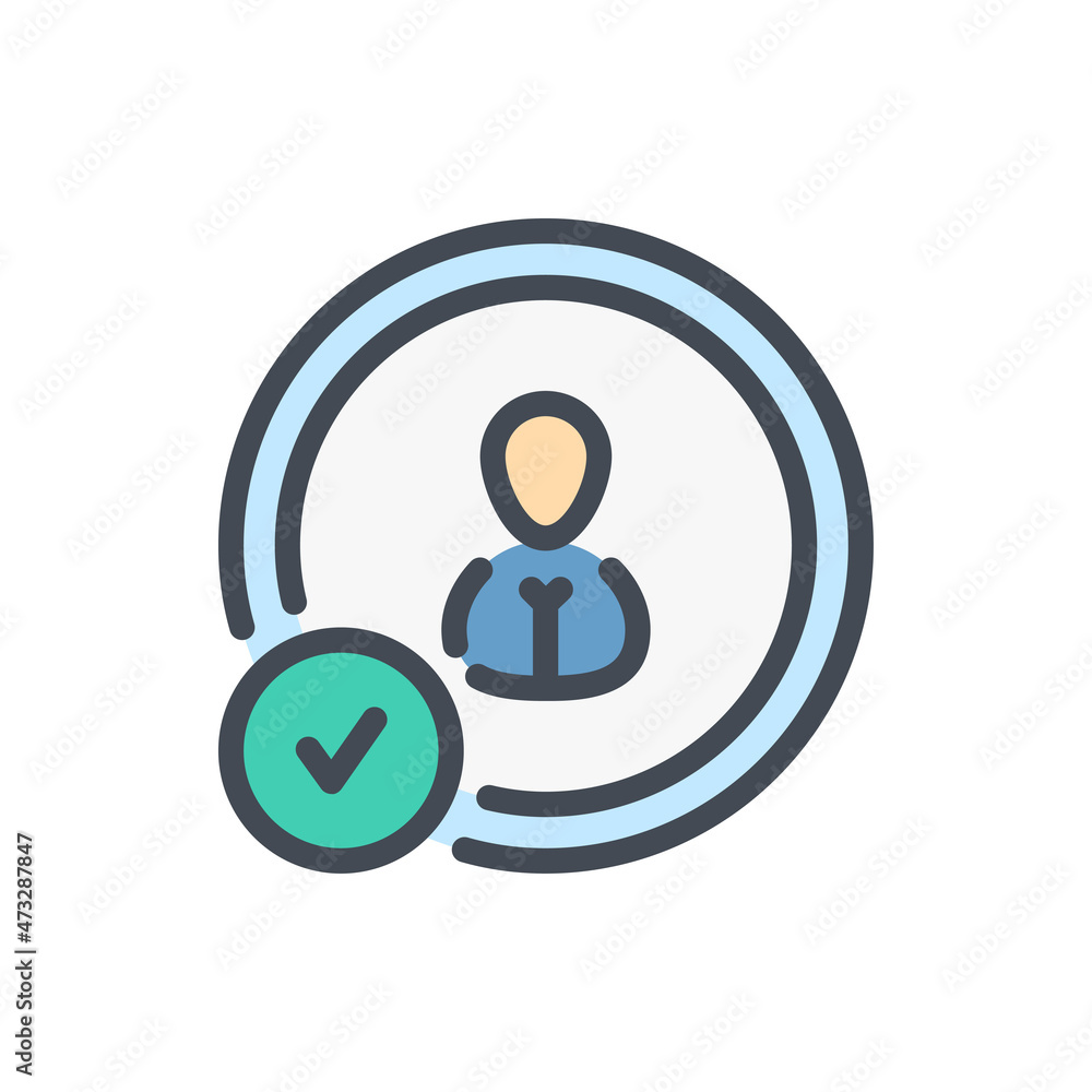 Wall mural person in circle with check mark color line icon. account profile with tick vector outline colorful 