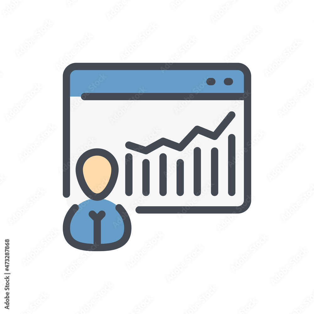 Poster person with web page and statistic report color line icon. online analytics and chart vector outline