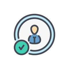 Person in circle with check mark color line icon. Account profile with tick vector outline colorful sign.