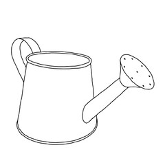 Hand drawn outline black vector illustration of a beautiful metal watering can for gardening isolated on a white background - obrazy, fototapety, plakaty