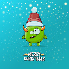 Vector cartoon funky green monster with Santa Claus red hat isolated on turquoise background with snowflakes. Childrens Merry Christmas greeting card with funny monster elf Santa Claus.