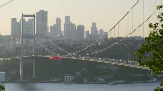 Footage of 15 July Martyrs Bridge which connects European and Asian continet to each other among the trees from Nakkastepe Nation's Garden
