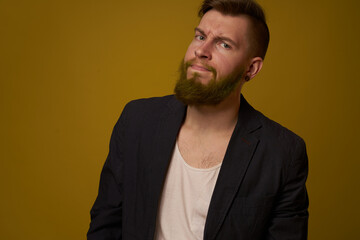 Fototapeta premium bearded man fashionable hairstyle jacket posing self confidence