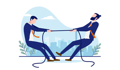 Competition between businessmen - Two men in tug of war competing. Business rivalry concept. Flat design vector illustration - obrazy, fototapety, plakaty