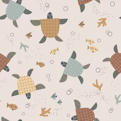  Cute Sea turtles Small fish vector seamless pattern. Boho earthy colours swimming ocean creatures background. Scandinavian decorative childish surface design for nautical nursery kids fabric. © AngellozOlga