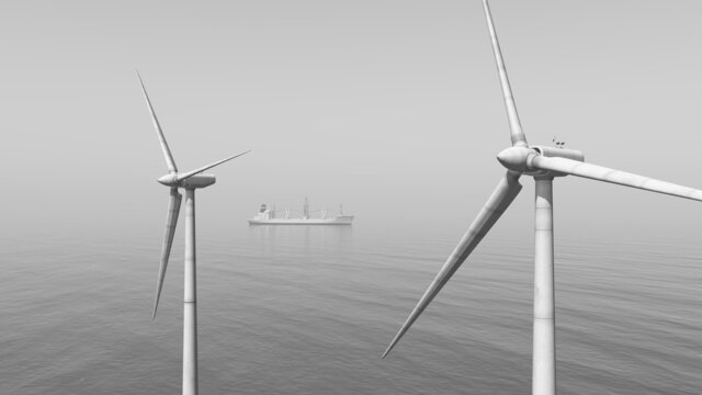 Windkraftanlagen im offenen Meer und Frachtschiff