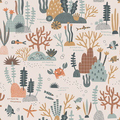 Marine life Coral reef Fish Crab Seaweed vector seamless pattern. Boho earthy colours sea bottom background. Scandinavian decorative childish surface design for nautical nursery and navy kids fabric.