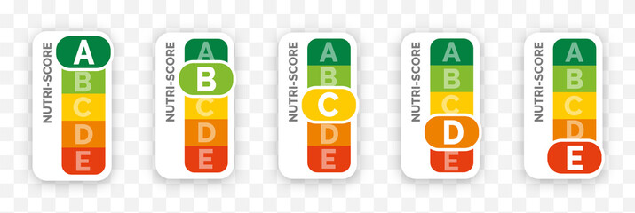 Nutri-score labels vertical set vector. Nutriscore food rating system signs : A, B, C, D, E. Isolated symbols for packaging on background. Vector illustration.