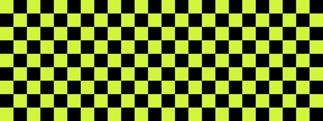 Checkerboard banner. Black and Lime colors of checkerboard. Small squares, small cells. Chessboard, checkerboard texture. Squares pattern. Background.