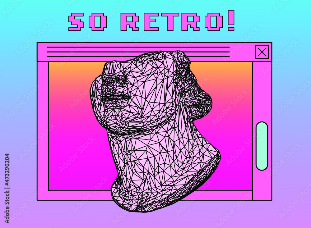 Poster Retro computer interface with many open tabs and window boxes and bust sculpture. Vaporwave style vector illustration.