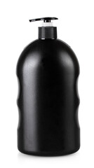 Black cosmetic bottle with pump isolated on white background