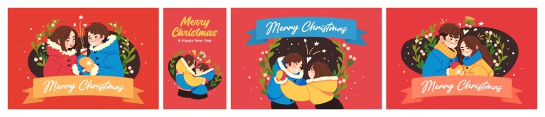 Winter Holidays cards set. Different Christmas stories with yong couple. Happy characters celebrating Chrismas or New Year.