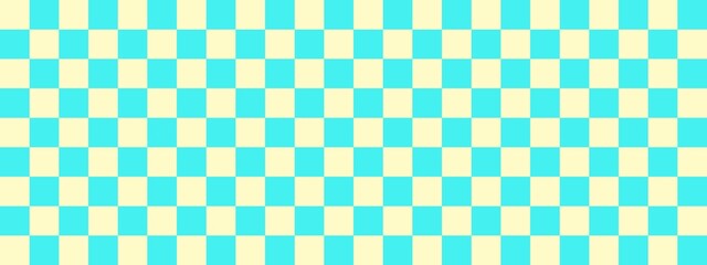 Checkerboard banner. Cyan and Beige colors of checkerboard. Small squares, small cells. Chessboard, checkerboard texture. Squares pattern. Background.
