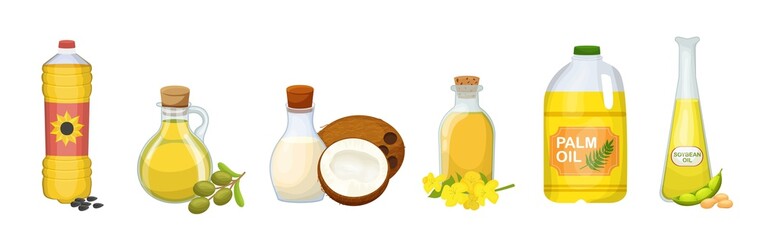 Oil set. Natural coconut, olive, sunflower, soy, palm oil. Vector illustration for advertising catalog of virgin oils