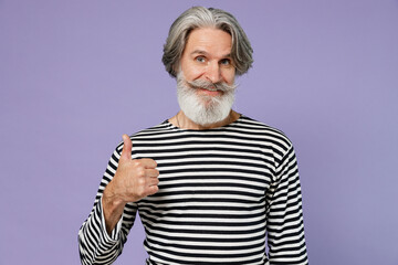 Elderly smiling happy gray-haired mustache bearded man 50s wearing striped turtleneck show thumb up gesture isolated on plain pastel light purple background studio portrait. People lifestyle concept.