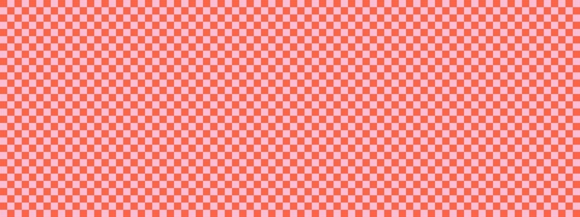 Checkerboard banner. Pink and Tomato colors of checkerboard. Small squares, small cells. Chessboard, checkerboard texture. Squares pattern. Background.