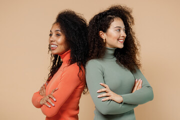Two vivid smiling vivid young curly black women friends 20s wearing casual shirts clothes stand...