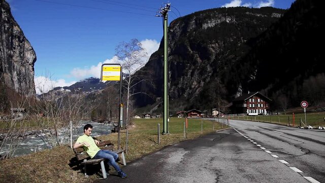 Posing at Lauterbrunnen alps Switzerland wide