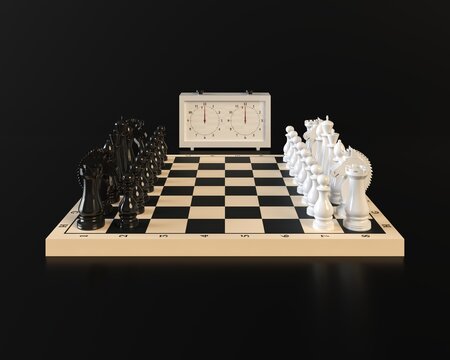 Chess Pieces on a Checkerboard, Chess Clock on a dark background. 3d rendering