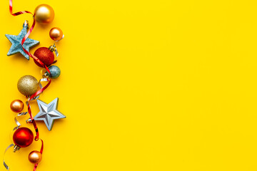 Festive Christmas and New Year baubles for decoration. Greeting card banner