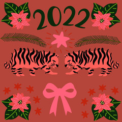 Set of Christmas cards with finny tiger. Merry Christmas holiday festive Illustration in flat cartoon style for greeting card, poster, print. Cartoon funny jungle tiger