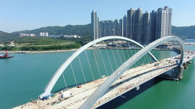 Hong Kong cross bay link construction project, a dual two-lane bridge connecting Tseung Kwan O Lam Tin Tunnel to Wan Po Road, Aerial view.