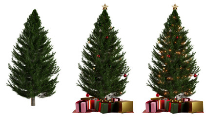 Set of Pine Tree with Christmas Decoratives and Lights Isolated on White Background with Clipping Path, 3D Illustration