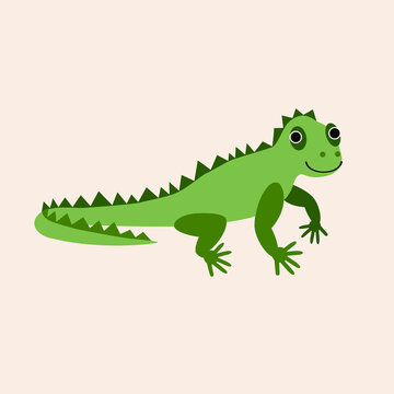 Vector isolated illustration with cute green iguana in flat simple style on beige background. Children's color picture, hand-drawn print. Cartoon kind, funny, smiling reptile. Delicate, gentle. 