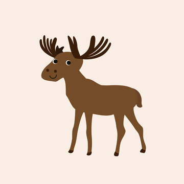 Vector isolated illustration with cute brown moose deer elk in flat simple style on beige background. Children's color picture, hand-drawn print. Cartoon kind, funny, smiling animal. Delicate, gentle