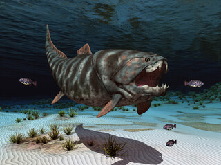 Prähistorischer Fisch Dunkleosteus auf der Jagd - 473292807