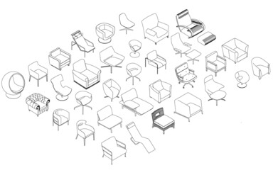 Large set of contours of armchairs and chairs from black lines isolated on white background. Isometric view. 3D. Vector illustration