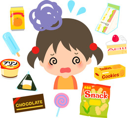 ジャンクフード、加工食品と目を回す女の子