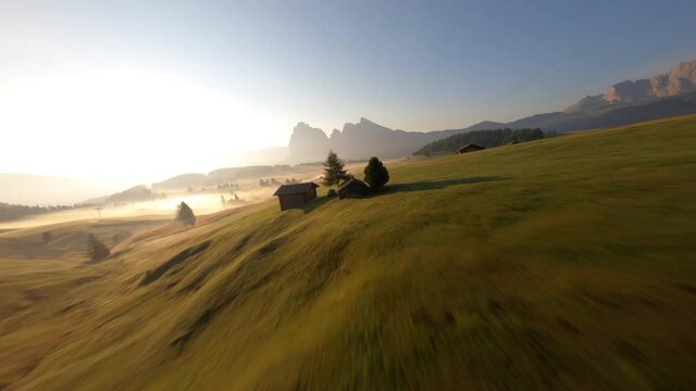 FPV drone flying above the trees at Alpi di Siusi, Seiser Alm. Dolomiti mountains, South Tirol, Dolomiten mountains view, Italian Alps. Clouds moving fast. Sunrise
