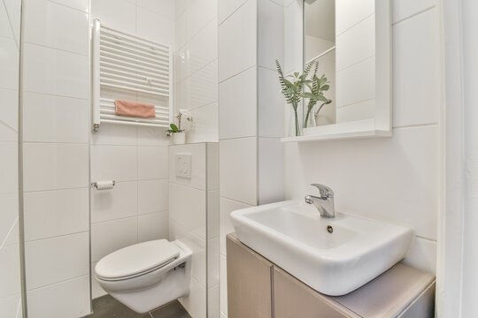 Interior of light bathroom with toilet and sink