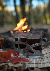 Two glasses with tea on the background of a blazing fire at a picnic in an oak forest