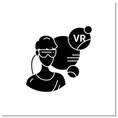 Virtual reality player glyph icon.VR headset. Person change actuality using special goggles with a screen. Modern virtual technology concept.Filled flat sign. Isolated silhouette vector illustration