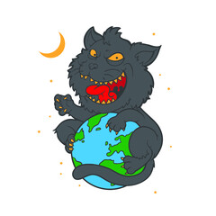 Cartoon cat hugging the world